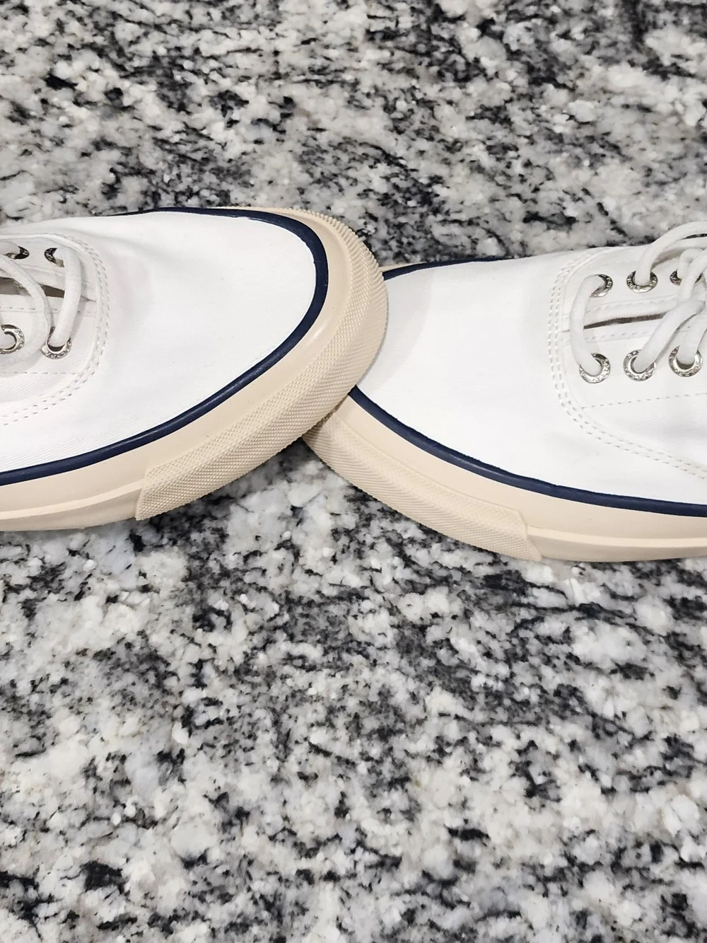 Sperry White Canvas Sneakers with Navy Trim and Cream Sole